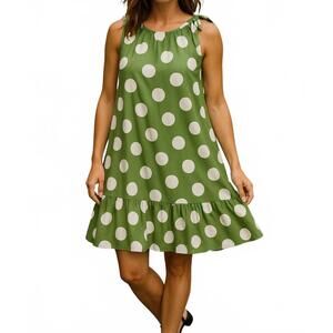 NEW CALYPSO tie neck gauged trapeze dress in green polka dot